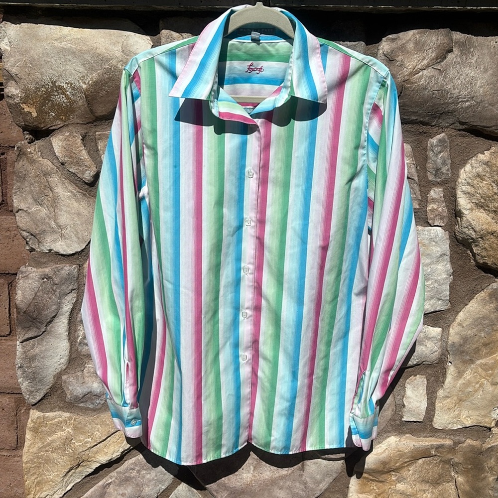 Foxcroft Stripped Button Down Rainbow Size 14 Wrinkle Free Classic Fit
